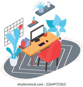 biophilic theme Office Desk isometric concept, Virtual Assistant or Consultant vector color icon design, Green Office symbol, Eco Friendly Workspace sign, Modern furnishing element stock illustration