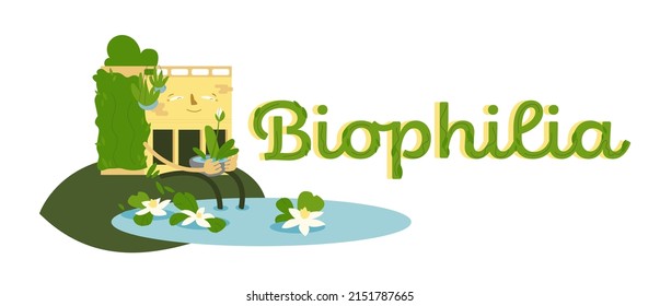 Biophlia headline with funny character. Homes, cities, workplaces and hotels intentionally designed to reconnect people with nature. Ecological biophilic concept. Editable vector illustration. 