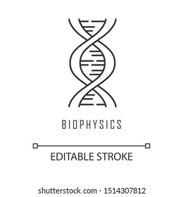 Biophysics linear icon. Genetics. DNA helix molecule structure. Genome scientific studies. Chromosome gene. Thin line illustration. Contour symbol. Vector isolated outline drawing. Editable stroke