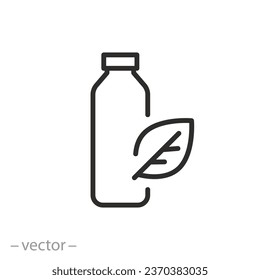 icono bioplástico, botella de plástico con hoja, envase biodegradable, símbolo de línea delgada de botella ecológica - ilustración de trazo modificable vectorial