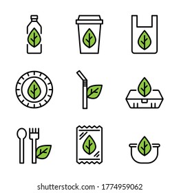 Bioplastic Products, Bottle, Cup, Shopping Bag, Plate Or Dish, Straw, Food Box, Spoon And Fork, Snack Bag And Bowl With Green Leaf Icon Set. Isolate On White Background.