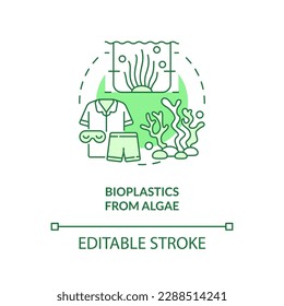 Bioplastics from algae green concept icon. Climate change. Sustainable clothing industry idea thin line illustration. Isolated outline drawing. Editable stroke. Arial, Myriad Pro-Bold fonts used