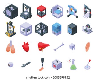 Bioprinting icons set isometric vector. Anatomy bioprinter. Bone cell bipprinting