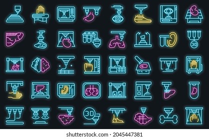 Iconos de bioprinting establecidos. Conjunto de contornos de iconos vectoriales de bioprintado color de neón sobre negro