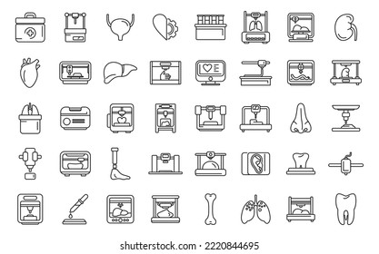 Bioprinting icons set outline vector. Anatomy bioprinter. Bone cell
