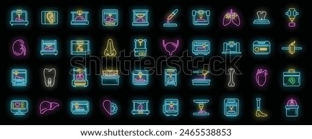 Bioprinting icons set outline vector. Anatomy bioprinter. Bone cell neon color on black