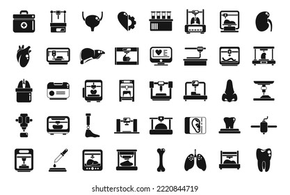 Bioprinting icons set simple vector. Anatomy bioprinter. Bone cell