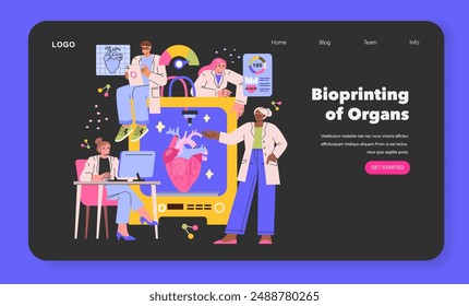 Bioprinting of Organs concept. Scientists collaborate on organ 3D printing, depicting future medicine advancements. Medical innovation in a digital era. Vector illustration.
