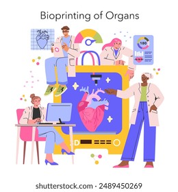 Bioprinting of Organs concept. Scientists collaborate on pioneering 3D organ printing technology. Breakthrough in futuristic healthcare solutions. Vector illustration.