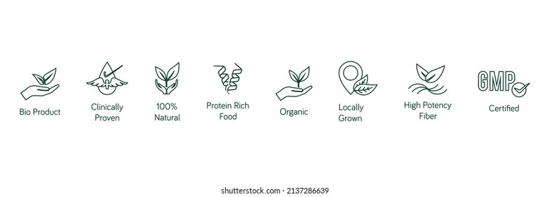 bioproduct, clinically proven, 100% natural, protein-rich food, organic, locally grown, high potency fiber, GMP line icon vector illustration 