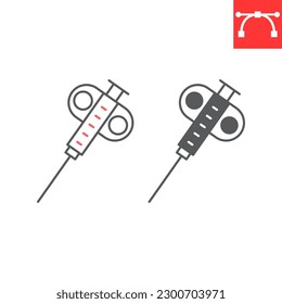 Biopsy device line and glyph icon, oncology and diagnostics, biopsy needle vector icon, vector graphics, editable stroke outline and solid sign, eps 10.