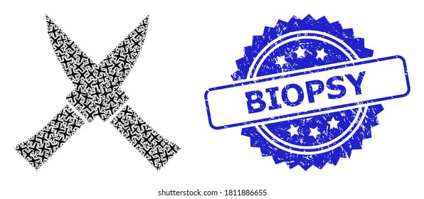 Biopsy dirty stamp seal and vector recursive collage crossing knives. Blue stamp has Biopsy caption inside rosette. Vector collage is formed from repeating rotated crossing knives pictograms.