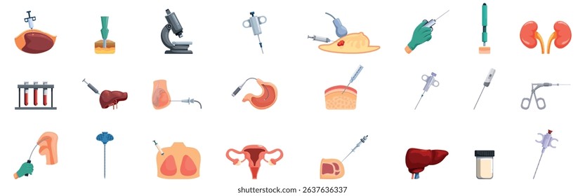 Biopsy icons set. Biopsy procedure involves extracting tissue samples for microscopic examination to diagnose diseases and guide treatment