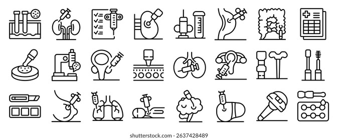 Biopsy icons set. Biopsy procedures extracting tissue samples for analysis, diagnosis, and research purposes, using various medical instruments and techniques