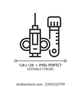 Biopsy needle pixel perfect linear icon. Medical procedure. Tissue sample. Minimally invasive. Cancer diagnosis. Thin line illustration. Contour symbol. Vector outline drawing. Editable stroke