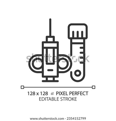 Biopsy needle pixel perfect linear icon. Medical procedure. Tissue sample. Minimally invasive. Cancer diagnosis. Thin line illustration. Contour symbol. Vector outline drawing. Editable stroke