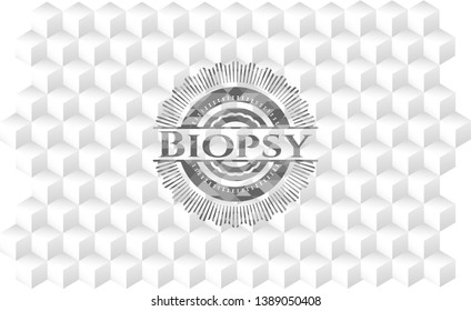 Biopsy realistic grey emblem with cube white background