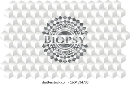Biopsy realistic grey emblem with geometric cube white background