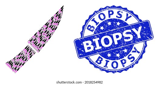 Biopsy unclean round stamp seal and vector fractal mosaic knife. Blue stamp includes Biopsy text inside round shape. Vector mosaic is created of random knife pictograms.