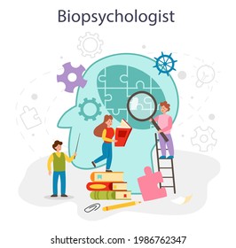 Biopsychology concept set. Students learning science of mind and behavior. Biological influence on people's mental and emotional health. Flat vector illustration