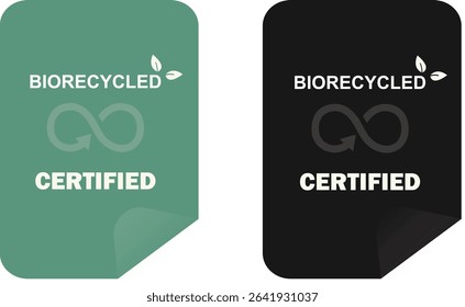 Biorecycled certified label tags with infinity symbol and leaf icons. Green and black sustainable packaging stickers for eco friendly products. Environmental quality assurance badges for branding.
