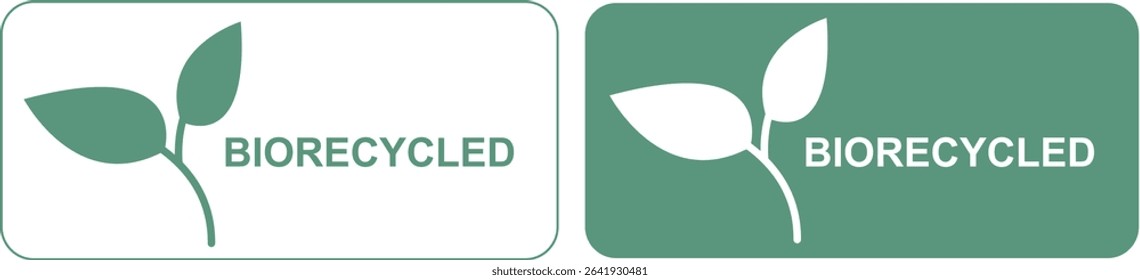 Biorecycled rectangular label sticker set with leaf design isolated. Green and white eco friendly packaging badges for sustainable products. Environmental certification tags. Vector illustration