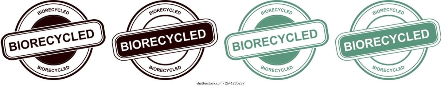 Biorecycled stamp badge collection set. Black and green circular eco friendly certification labels with sustainable packaging symbols. Environmental quality assurance seals for products. Vector