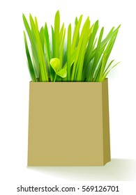 Bio/recycling shopping bag filled with fresh green grass isolated on white background. Environmental protection. Raw food bag concept. Healthy lifestyle illustration. Vector illustration