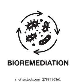 Bioremediation icon with bacteria and circular arrows black sketch