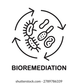Bioremediation line icon with bacteria and circular arrows black on white