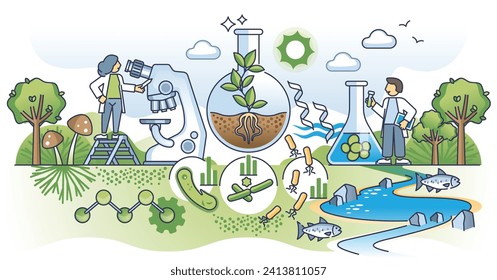 Investigación de bioremediación para la limpieza del medio ambiente con el concepto de esquema de microbios. La purificación de la contaminación tóxica mediante microorganismos naturales ilustradores vectoriales. Protección de la naturaleza con el método de los microbios.