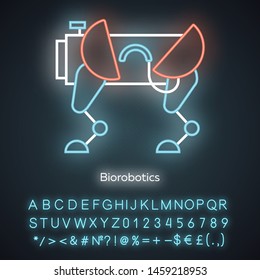 Biorobotics neon light icon. Dog-like robot. Robotic innovation technology. Copying body movements. Bioengineering. Glowing sign with alphabet, numbers and symbols. Vector isolated illustration