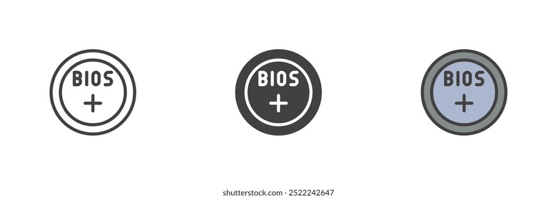 Conjunto de ícones de estilo diferente da bateria do Bios. Linha, glifo e preenchido esboço versão colorida, contorno e sinal de vetor preenchido. Símbolo, ilustração de logotipo. Gráficos vetoriais