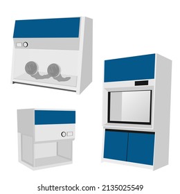 Biosafety cabinet for virus protection drug risk bag safe waste test danger safety worker. Biosafety vector illustration.