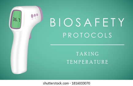 Afiche de los protocolos de seguridad de la biotecnología. Tomar temperatura corporal - Vector