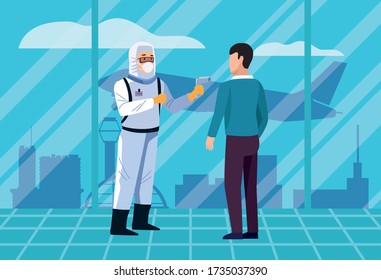 biosafety worker checking temperature in airport for covid19 vector illustration design