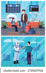 biosafety worker checking temperature in airport for covid19 vector illustration design
