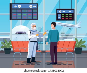 Biosicherheits-Mitarbeiter, der die Temperatur am Flughafen für covid19-Vektorgrafik überprüft
