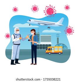 temperatura de comprobación del trabajador de bioseguridad en el aeropuerto para el diseño de ilustración de vector covid19