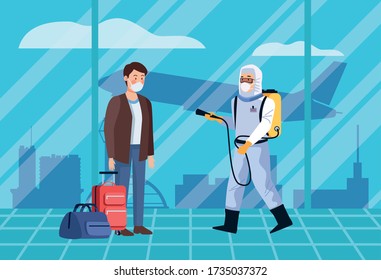 Biosafety Worker Desinfect Airport For Covid19 Vector Illustration Design