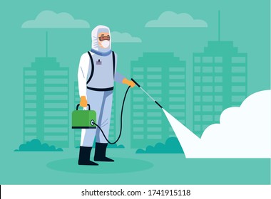 biosafety worker desinfect street for covid19 vector illustration design