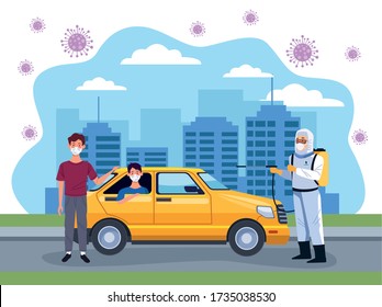 biosafety worker desinfect taxi for covid19 vector illustration design