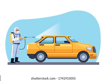 biosafety worker desinfect taxi for covid19 vector illustration design