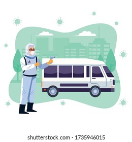 biosafety worker desinfect van for covid19 vector illustration design