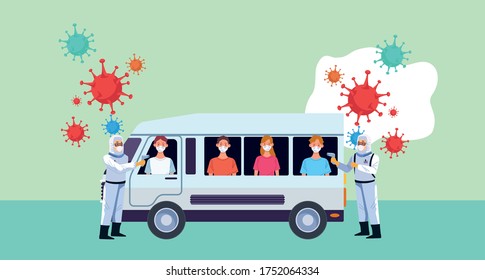 obrero de bioseguridad con control de punto de termómetro láser en el diseño de ilustración de vector de bus