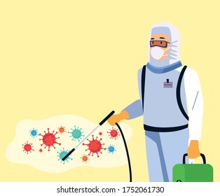 biosafety worker with sprayer disinfectant and covid19 particles vector illustration design