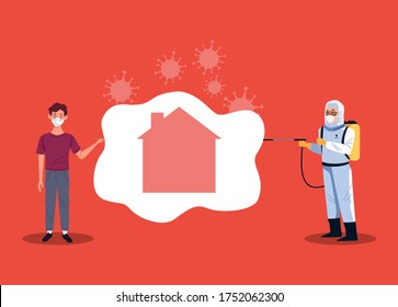 biosafety worker with sprayer disinfectant house for covid19 prevention vector illustration design
