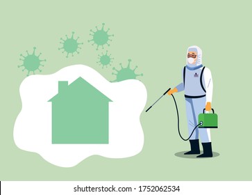 biosafety worker with sprayer disinfectant house for covid19 prevention vector illustration design