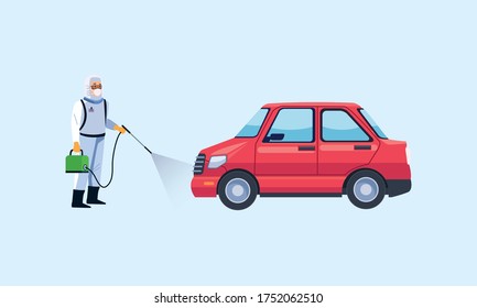 biosafety worker with sprayer disinfectant vehicle for covid19 prevention vector illustration design