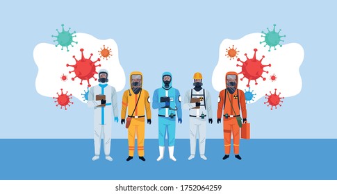 biosafety workers with biohazard suits and covid19 particles vector illustration design